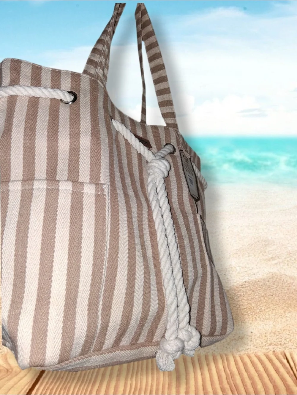 SUN and SAND Cream and Brown Stripe Tote Bag with Rope Closure Detail NWT